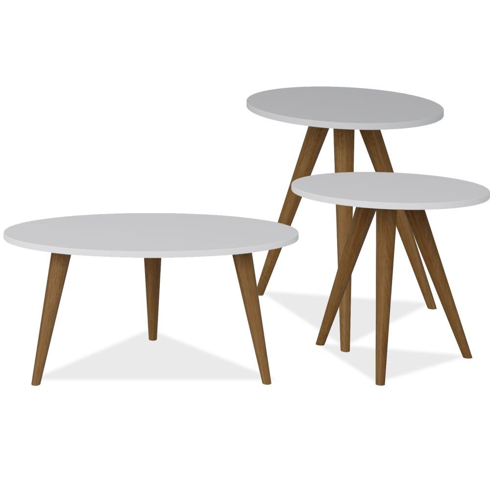 conjunto para sala de estar com mesa de centro e mesas laterais retro branco tx be mobiliario