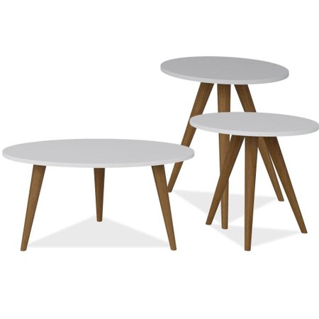 conjunto para sala de estar com mesa de centro e mesas laterais retro branco tx be mobiliario