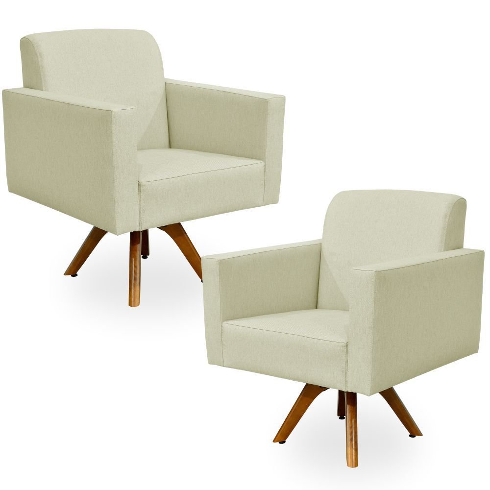 kit 02 poltronas decorativas giratoria madeira sala estar helo linho bege lyam decor