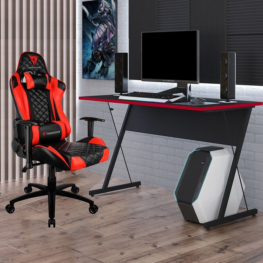Kit Mesa Para PC Gamer Kombat com Cadeira Gamer TGC12 ThunderX3 Preto Vermelho Lyam Decor