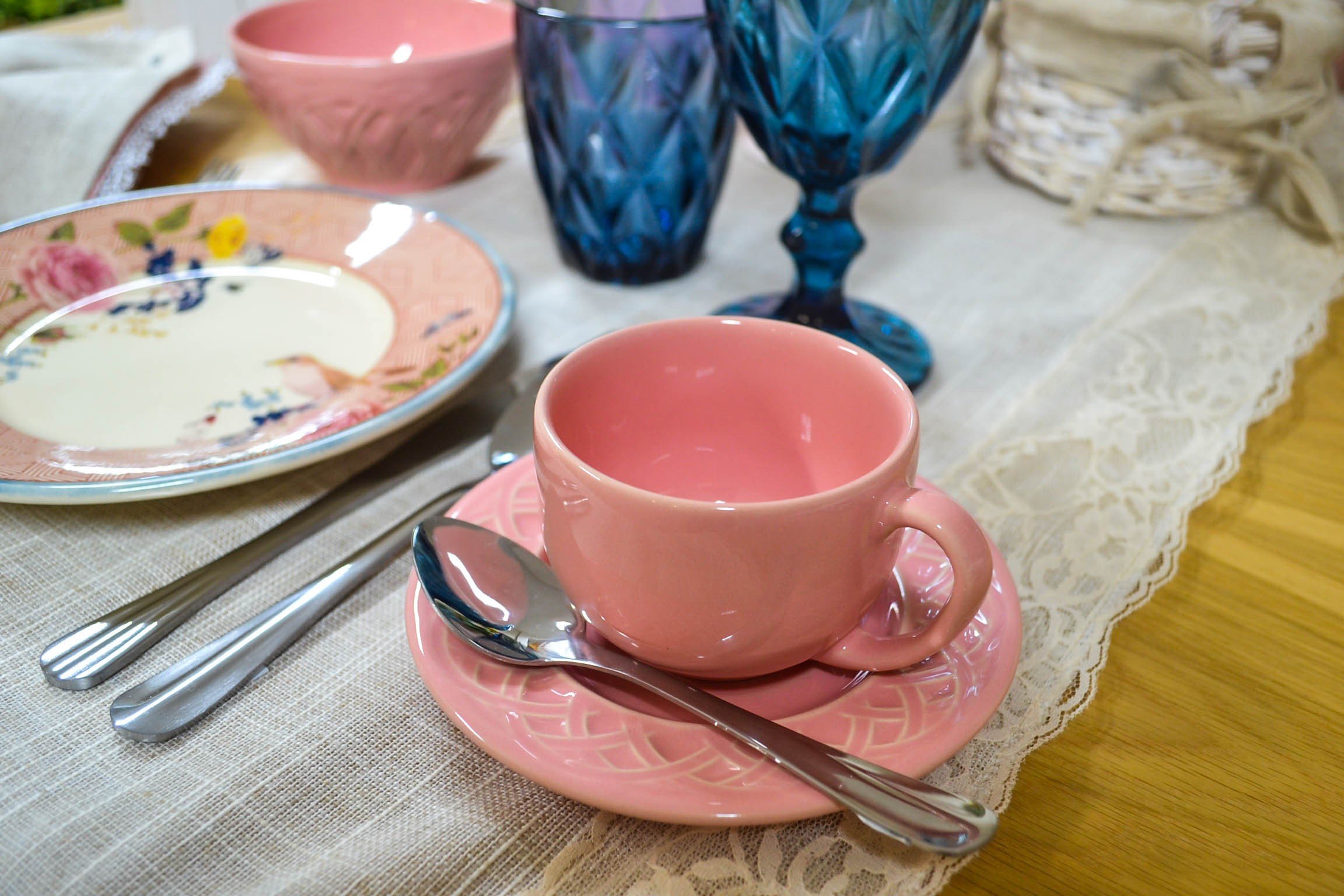 Xicara De Cha Com Pires Ceramica Cestino 6 Pecas Porto Brasil Rosa