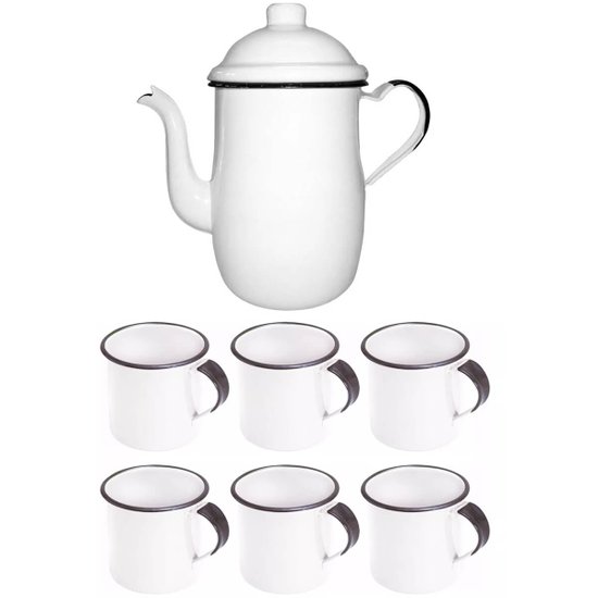 Bule Café Esmaltado 1,25 Litros e 6 Xícaras 70ml Tradiconal Branco