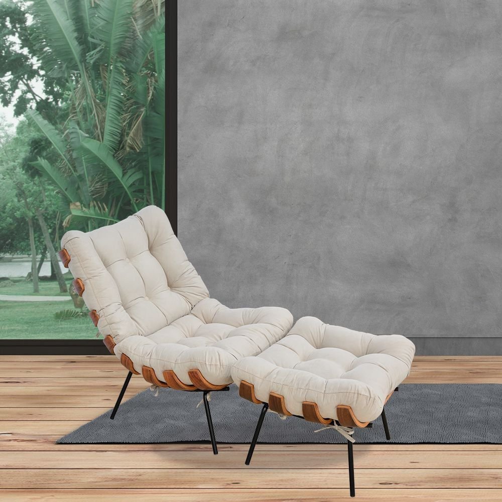 poltrona costela com puff sala de estar suede bege lyam decor