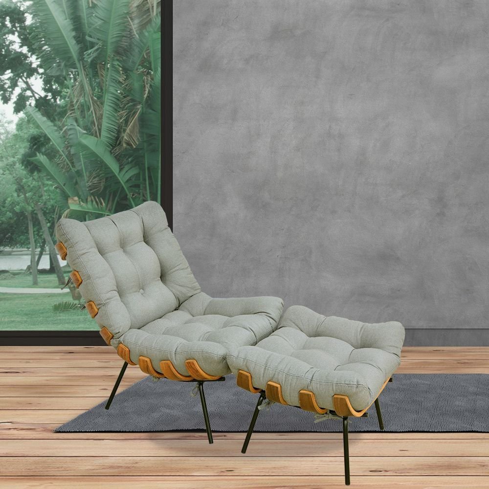 poltrona costela com puff sala de estar linho cinza escuro lyam decor