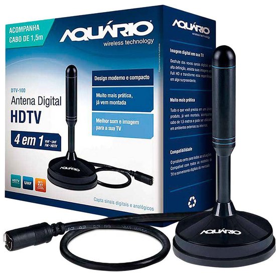 Antena Interna e Externa Aquário UHF/ VHF/ FM/ HDTV DTV-100