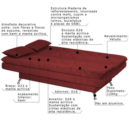 Sofá Cama Sala de Estar 193cm Belinda com Pés Alumínio Veludo Vermelho - Gran Belo