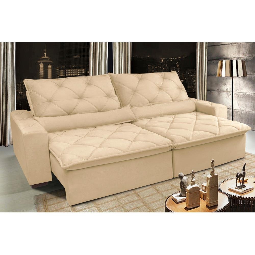 Sofá Lisboa 2,12m Retrátil, Reclinável com Molas no Assento Tecido Suede Grafiato Bege Cama InBox