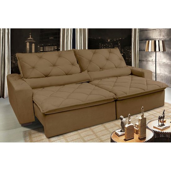 Sofá Lisboa 3,12m Retrátil, Reclinável com Molas no Assento Tecido Suede Grafiato Café - Cama InBox