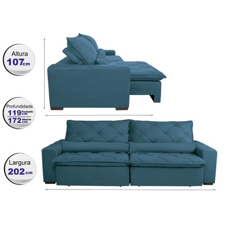Sofá Magnum 2,02m Retrátil, Reclinável Molas no Assento e Almofadas  Suede Azul - Cama InBox