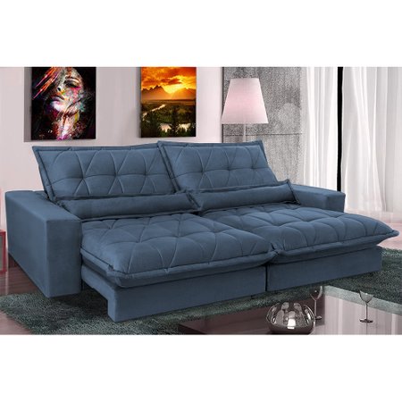 Sofa Retrátil e Reclinável 2,52m com Molas Ensacadas Cama inBox Soft Tecido Suede Azul