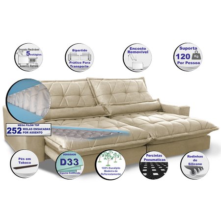 Sofa Retrátil e Reclinável 2,52m com Molas Ensacadas Cama inBox Soft Tecido Suede Bege