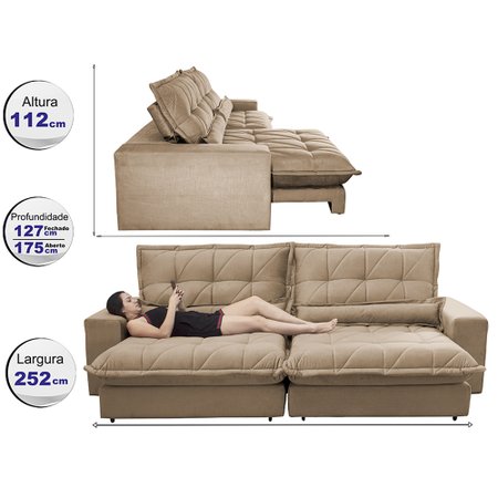 Sofa Retrátil e Reclinável 2,52m com Molas Ensacadas Cama inBox Soft Tecido Suede Castor