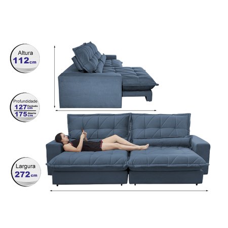 Sofa Retrátil e Reclinável 2,72m com Molas Ensacadas Cama inBox Soft Tecido Suede Azul