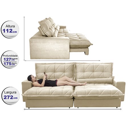 Sofa Retrátil e Reclinável 2,72m com Molas Ensacadas Cama inBox Soft Tecido Suede Bege