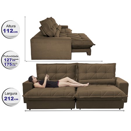 Sofa Retrátil e Reclinável 2,12m com Molas Ensacadas Cama inBox Soft Tecido Suede Café