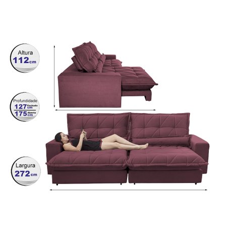 Sofa Retrátil e Reclinável 2,72m com Molas Ensacadas Cama inBox Soft Tecido Suede Vinho