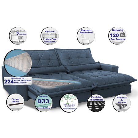 Sofa Retrátil e Reclinável 2,32m com Molas Ensacadas Cama inBox Soft Tecido Suede Azul