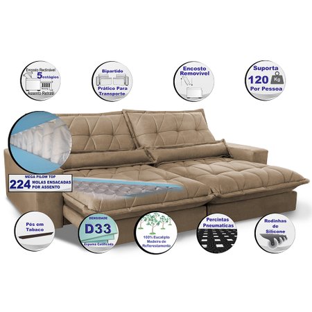 Sofa Retrátil e Reclinável 2,32m com Molas Ensacadas Cama inBox Soft Tecido Suede Castor