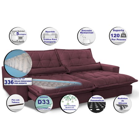 Sofa Retrátil e Reclinável 3,12m com Molas Ensacadas Cama inBox Soft Tecido Suede Vinho