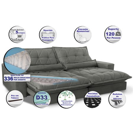 Sofa Retrátil e Reclinável 3,12m com Molas Ensacadas Cama inBox Soft Tecido Suede Cinza