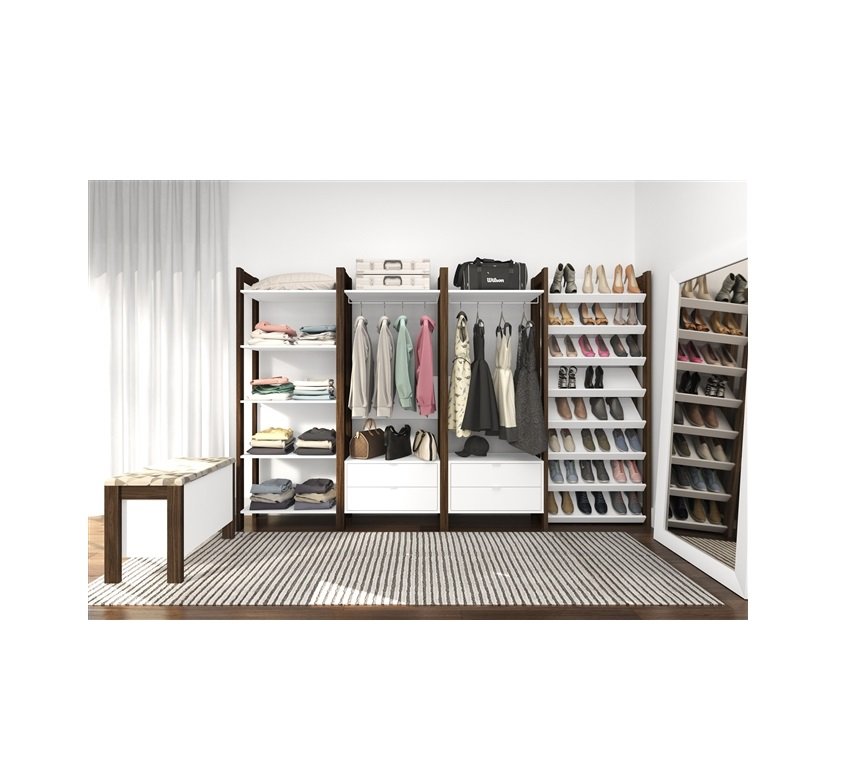Closet Com Sapateira Armario Com Cabideiro Prateleiras E Puff Branco E Nogal Colombo