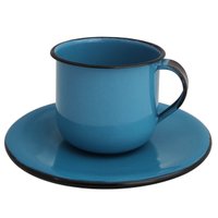 Caneca Esmaltada Xícara Com Pires Para Chá Café 180ml Azul