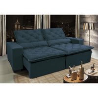 Sofá Lisboa 2,52m Retrátil, Reclinável com Molas no Assento Tecido Suede Grafiato Azul - Cama InBox