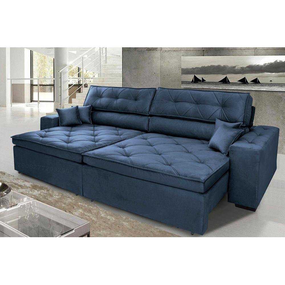 Sofa Austin 2 02m Retratil Reclinavel Com Molas No Assento E Almofadas Tecido Suede Azul Colombo