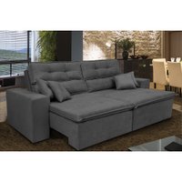 Sofá Cairo 2,72m Retrátil, Reclinável com Molas no Assento e 4 Almofadas Suede Cinza - Cama InBox