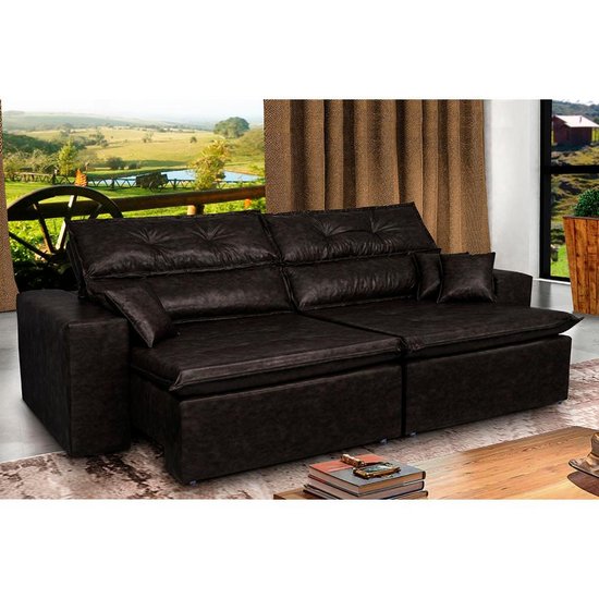 Sofá Tourino 2,52m Retrátil Reclinável, Molas e Pillow no Assento Tecido Courino Café Cama InBox