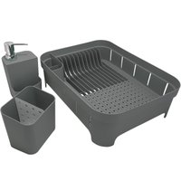 Kit 3 Utensílios Escorredor De Louça Talher Porta Detergente Chumbo
