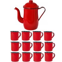 Bule Café Esmaltado 1,25 Litros e 12 Xícaras 70ml Tradicional - Vermelho
