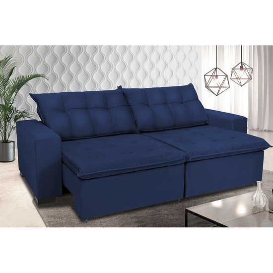 Sofá Retrátil e Reclinavel Oklahoma 2,82m Molas e Pillow no Assento Tecido Suede Azul - Cama InBox