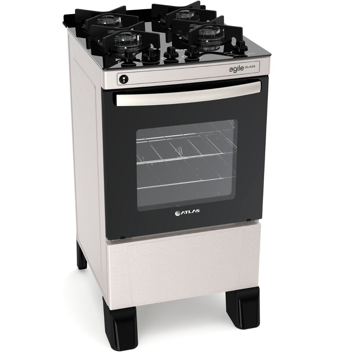 Fogão Piso Atlas Agile Glass 4Q Mesa de Vidro Inox Bivolt Colombo