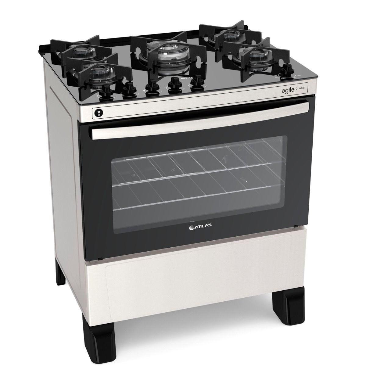 Fogão Piso Atlas Agile Glass 5Q Mesa de Vidro Inox Bivolt Colombo