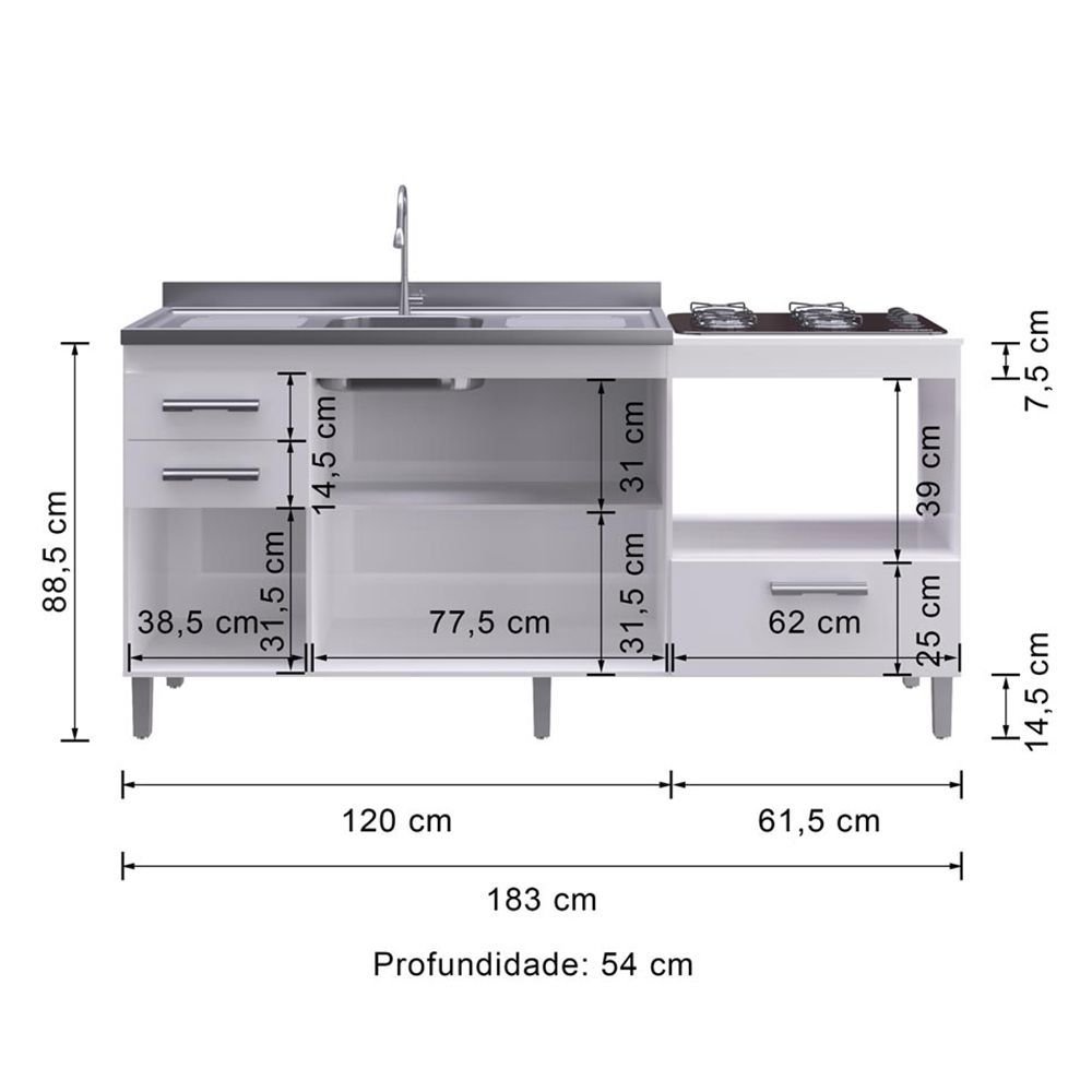 Balcao De Cozinha Para Pia 2 Portas Cooktop 4 Bocas E Forno Roma 26910 Branco Pnr Moveis Colombo