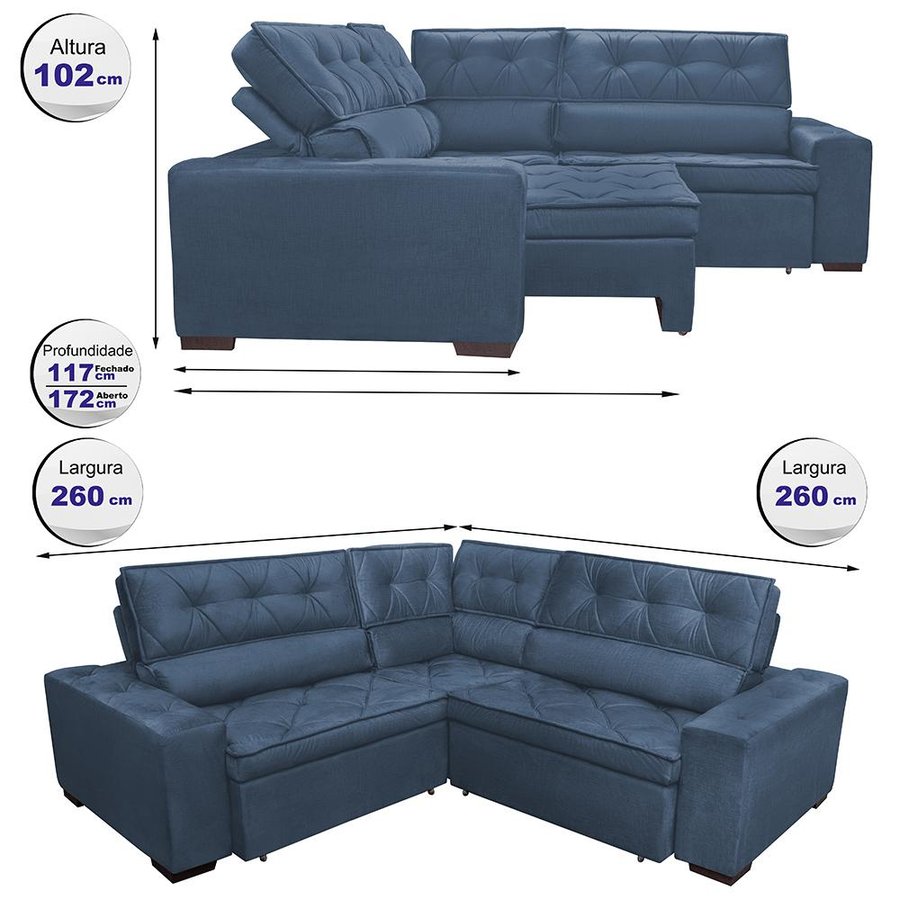 Sofa de Canto Retrátil e Reclinável com Molas Cama inBox Austin 2,60m x