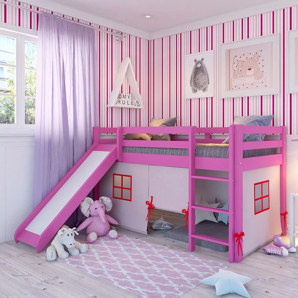 Cama Infantil Kids Com Escorregador E Cabaninha Em Madeira Maciça 3009 ...