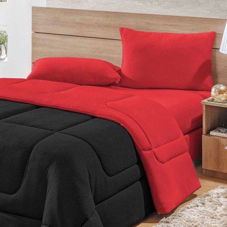 Kit Edredom C Lencol Basic Preto Vermelho Solteiro Dupla Face 03