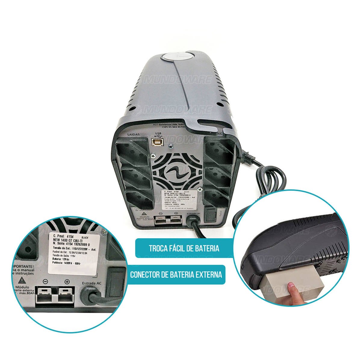 Nobreak Ragtech GT CBU-TI 4154 1400VA 980W 6 Tomadas 3x1 Engate para Bateria  Externa Bivolt PWM - Colombo