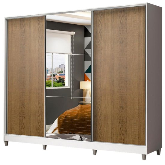 Guarda-Roupa Juvenil MDF Madesa Kevin 3 Portas de Correr com Espelho com Pés - Branco/Rustic
