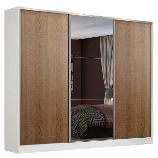 Guarda-Roupa Casal MDF Madesa Zurique 3 Portas de Correr com Espelho - Branco/Rustic