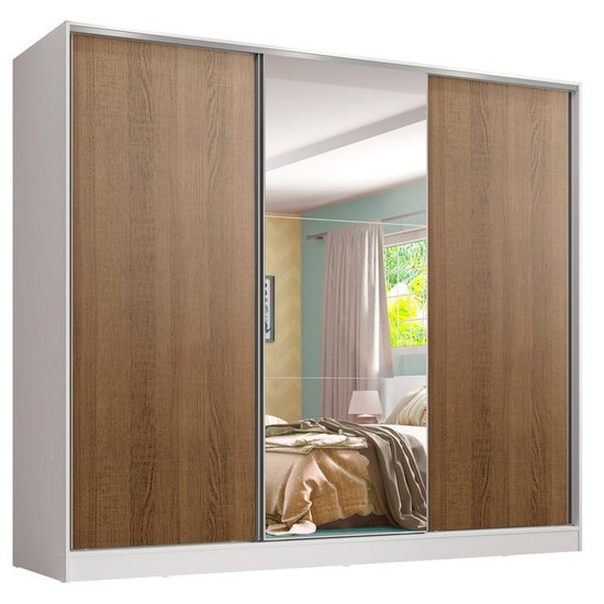 Guarda-Roupa Infantil MDF Madesa Logan 3 Portas de Correr com Espelho - Branco/Rustic