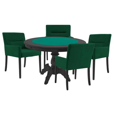 Mesa de Jogos Carteado Redonda Montreal Tampo Reversível Preto com 4 Cadeiras Vicenza Verde - Gran Belo