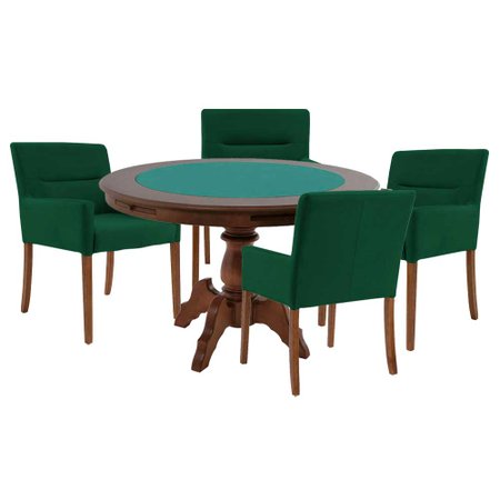 Mesa de Jogos Carteado Redonda Montreal Tampo Reversível Imbuia com 4 Cadeiras Vicenza Verde - Gran Belo