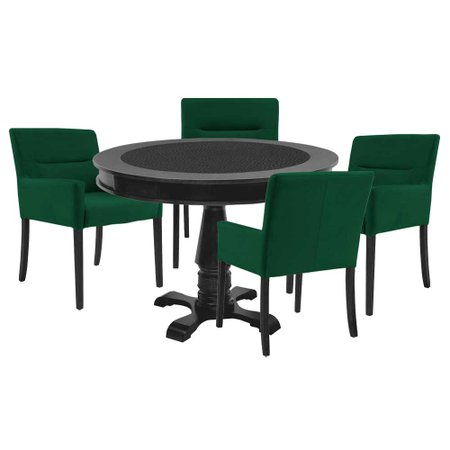 Mesa de Jogos Carteado Redonda Victoria Tampo Reversível Preto com 4 Cadeiras Vicenza Verde - Gran Belo