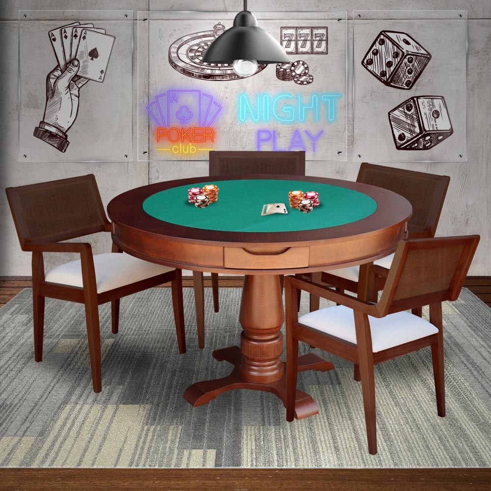 Mesa De Jogos Carteado Victoria Redonda Tampo Reversivel Imbuia Com 4 Cadeiras Megan Linho Bege Gran Belo Colombo