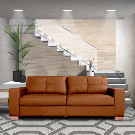 sofa 3 lugares sala de estar pes madeira kenny 240 cm couro caramelo gran belo