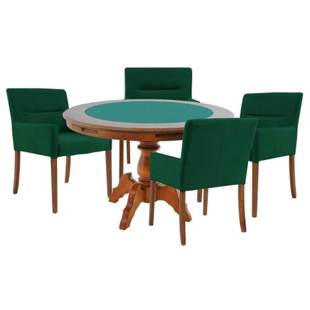 Mesa de Jogos Carteado Redonda Montreal Tampo Reversível Amêndoa com 4 Cadeiras Vicenza Verde - Gran Belo
