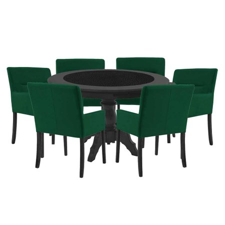 Mesa de Jogos Carteado Montreal Redonda Tampo Reversível Preto com 6 Cadeiras Vicenza Verde - Gran Belo